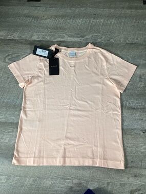 PINKO Denim Logo T Shirt Women Medium Peach Short Sleeve NWT Designer Italy